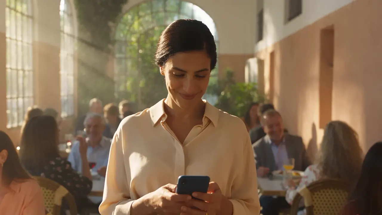 Dans un restaurant plein, baigné de soleil, une femme sourit en lisant son téléphone ; derrière elle, les tables sont occupées.