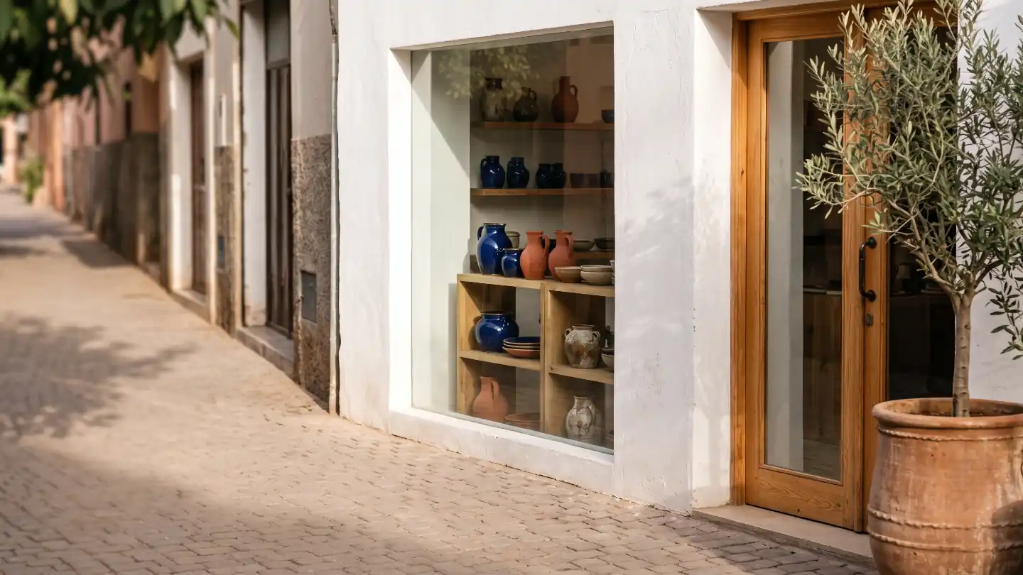 Le premier plan du site d'exemple d'un atelier de céramique de Guéliz : une rue pavée et calme, la vitrine blanche où sont alignés des vases et des bols bleu cobalt, une porte en bois et un olivier en jarre.