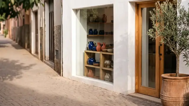 Le site d'exemple d'un atelier de céramique : une vitrine blanche où sont alignés des vases et des bols bleu cobalt.