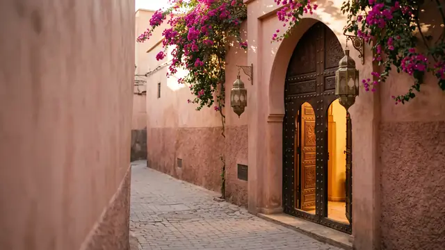 Le site d'exemple d'une maison d'hôtes : une porte de cèdre cloutée entrouverte au fond d'une ruelle ocre-rose fleurie.
