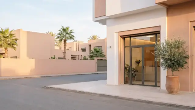 Le site d'exemple d'une clinique de consultations : l'entrée vitrée d'un bâtiment blanc et ocre, un olivier en pot sur le seuil.