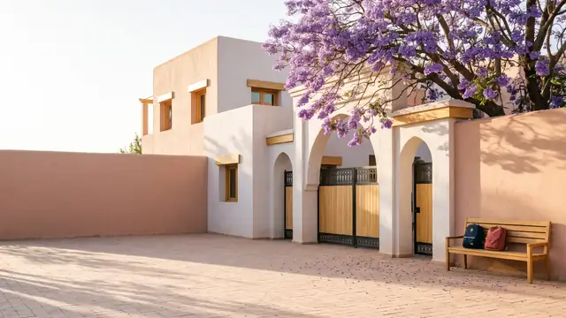 Le site d'exemple d'une école : un portail en bois sous des arches blanches et un jacaranda en fleurs violettes.