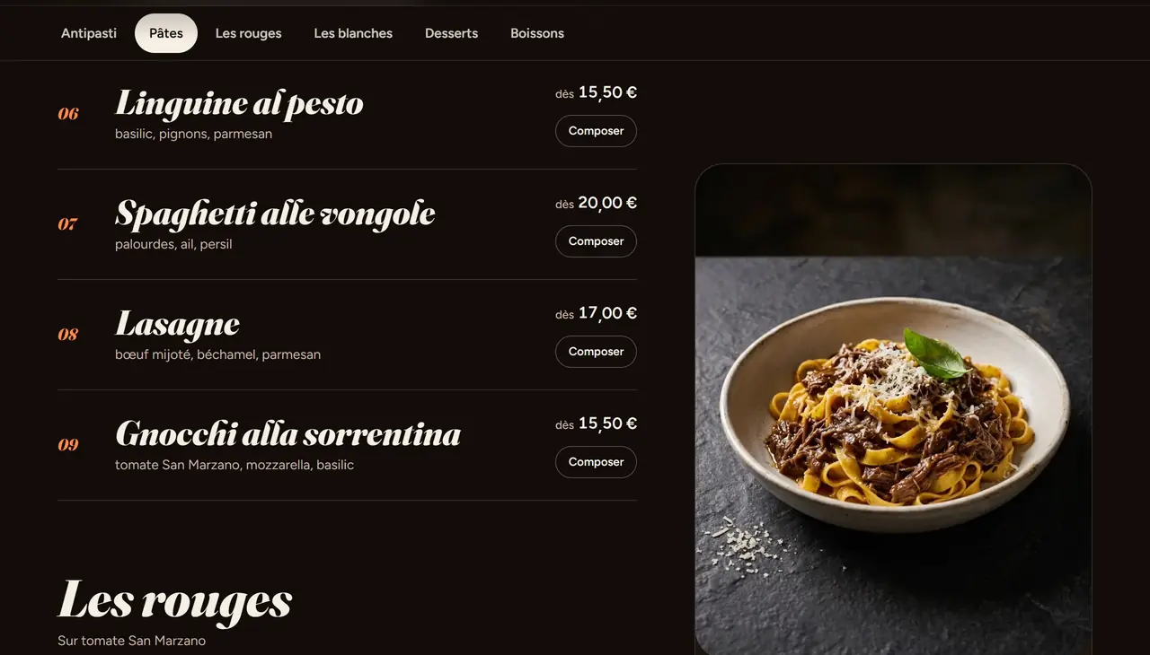 La carte du site d’exemple d’une pizzeria, sur ordinateur, aux prix de Bruxelles : quatre plats de pâtes numérotés, leurs prix en euros, et la photo d’un plat de tagliatelle à côté de la liste.
