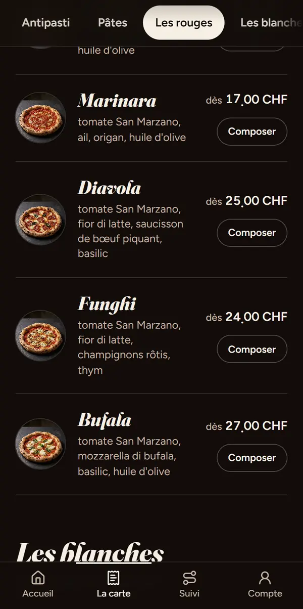 Les pizzas rouges du site d’exemple d’une pizzeria, sur téléphone, aux prix de Genève : marinara, diavola, funghi et bufala, chacune avec sa photo et son prix en francs.