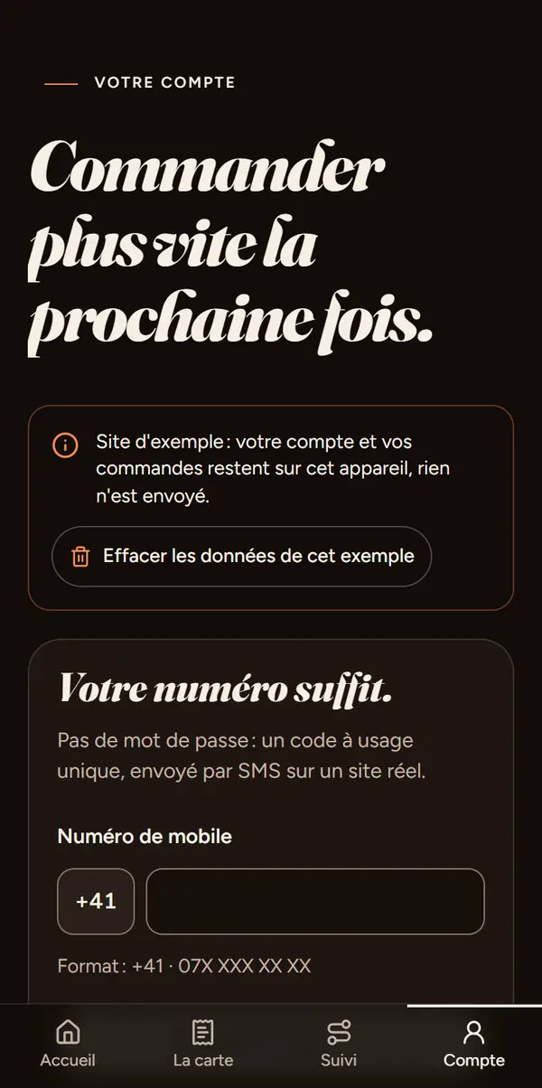 Le compte client du site d’exemple d’une pizzeria, sur téléphone : « Votre numéro suffit », un numéro suisse en +41 et un code à usage unique, sans mot de passe.