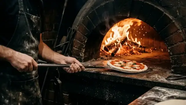 Le site d'exemple d'une pizzeria qui livre : un pizzaïolo tient une margherita sur sa pelle devant un four à bois.